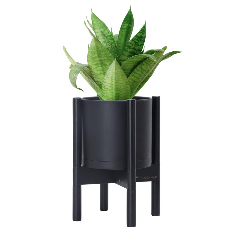 D'vine Dev Planter Pot with Stand - 8 Inch Plastic Cylinder Flower Pot with Wood Planter Holder for Indoor, Matte Black Pot + Ebony Stand, 55-C-K-2 - Image 1