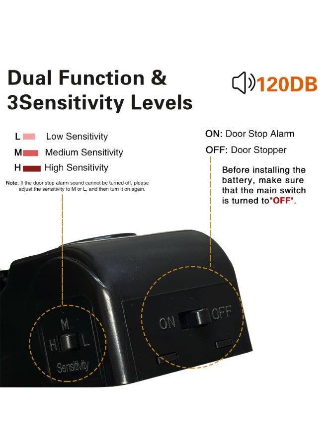 Chabeia 2 Pack Portable Door Stop Alarm, Door Stopper with 120db Loud Security Alarm, Travel Door, Doorstops Wedge Sensors Security Devices for Traveling Apartment Hotel and Home, 5.51 x 1.77 x 1.57 inches (Black) - Image 5