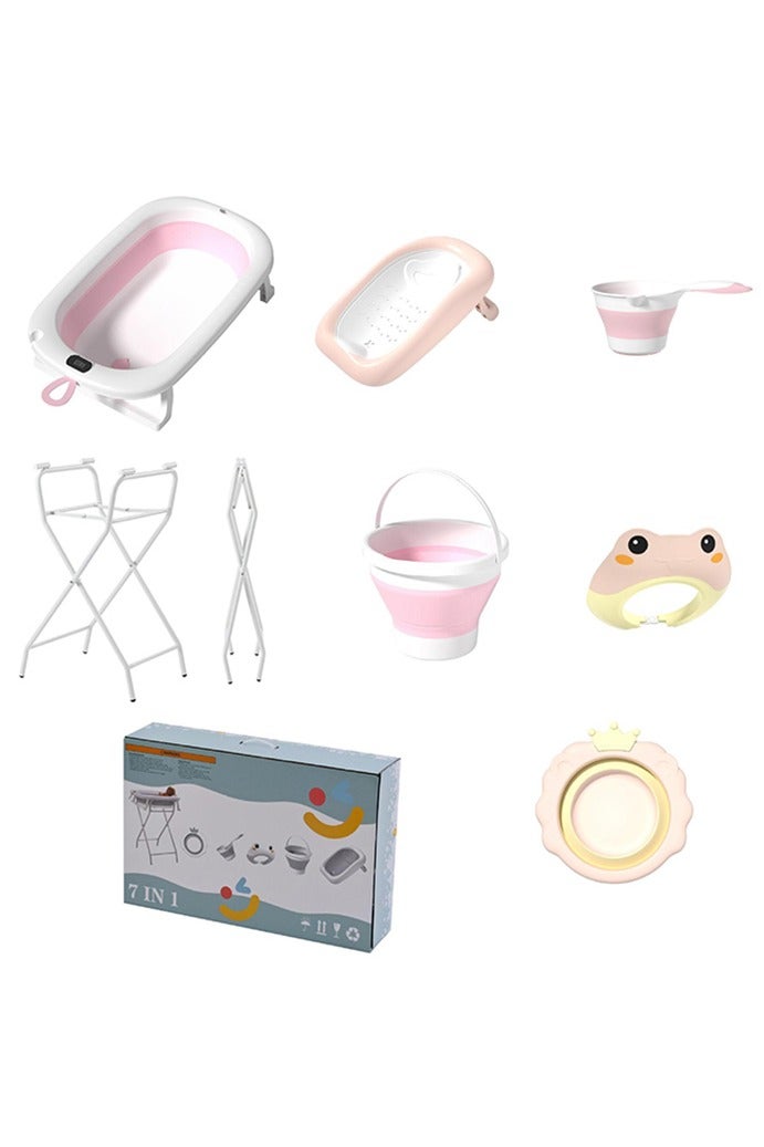 صحراء الواحة حوض استحمام قابل للطي للأطفال من 7 قطع مع حامل - حوض استحمام مع حامل، شاشة عرض درجة الحرارة، مقعد، غطاء استحمام، حوض استحمام للأطفال، مغرفة ماء. مناسب للاستحمام - من الولادة وحتى 8 سنوات - هدية للأطفال - Image 1