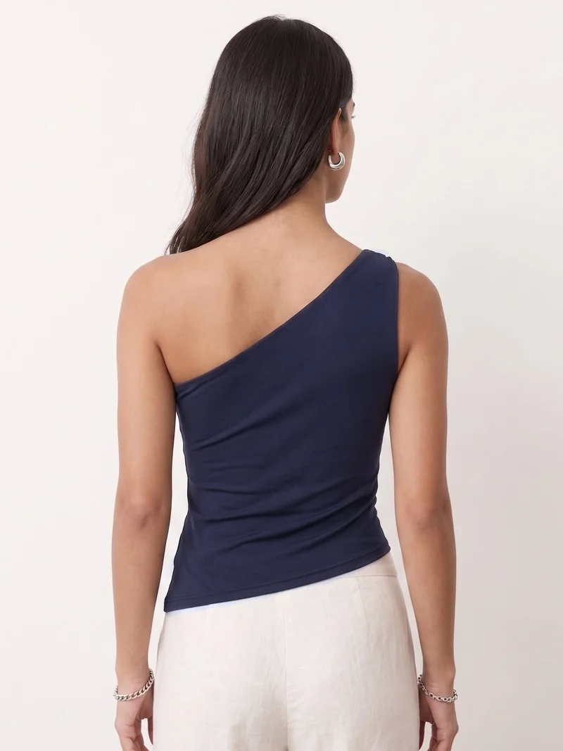 Outzidr  Navy Blue Asymmetrical Buckle Trim Polyamide Top for Women | Best Price UAE