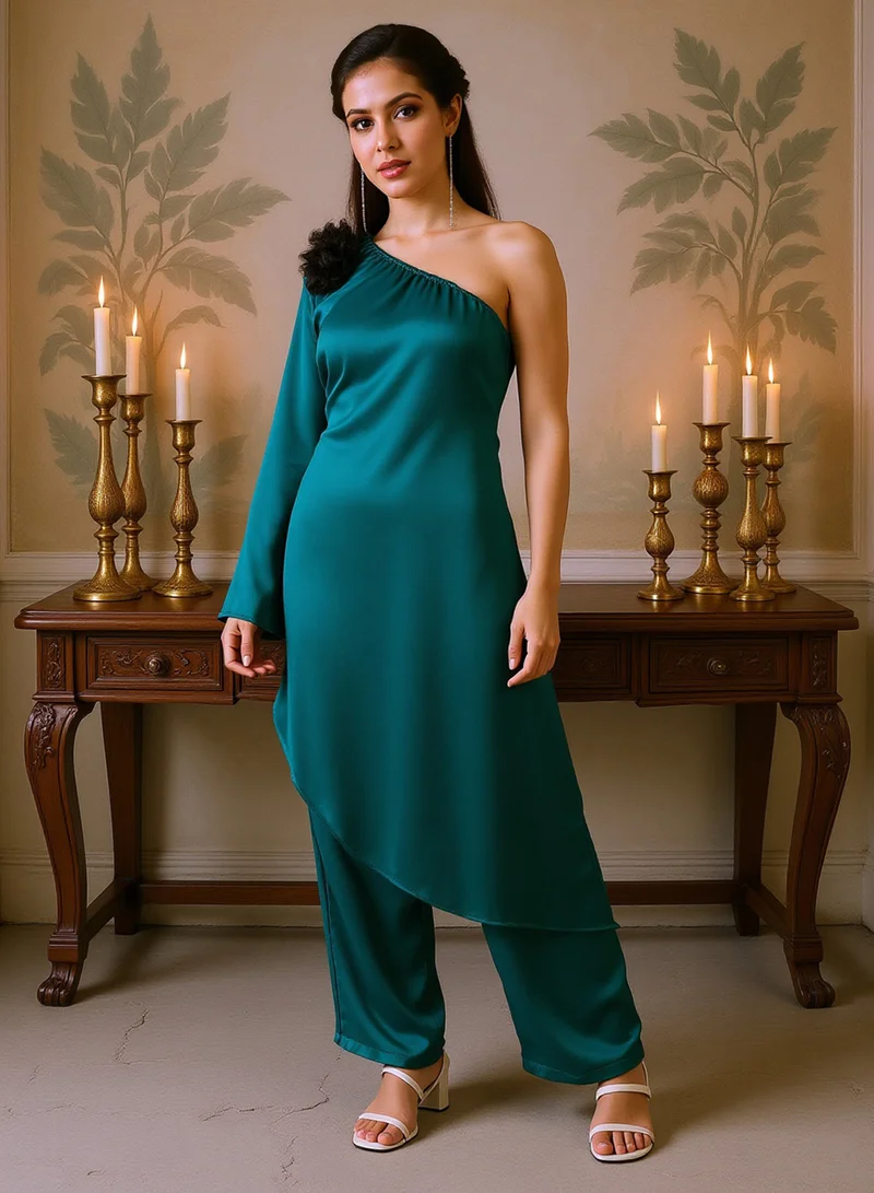  قصة Qissa Women's Pine Green Asymmetrical Flora Co-Ord Set For Ethnic Wear | One-Shoulder Neck, Long Regular Sleeves | Solid Plain Fabric | 2 Piece Co-Ords Designed For Evening & Party Wear