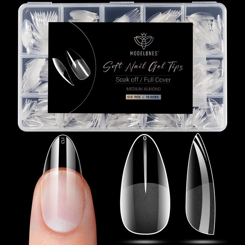 Modelones Almond Fake Nail Tips -510Pcs Medium Soft Gel Nail Tips Almond Shape Pre Etched Half Matte Full Cover Clear Acrylic Gel Kit False Press on for Extension Manicure Salon DIY at Home 15 Sizes - Image 1