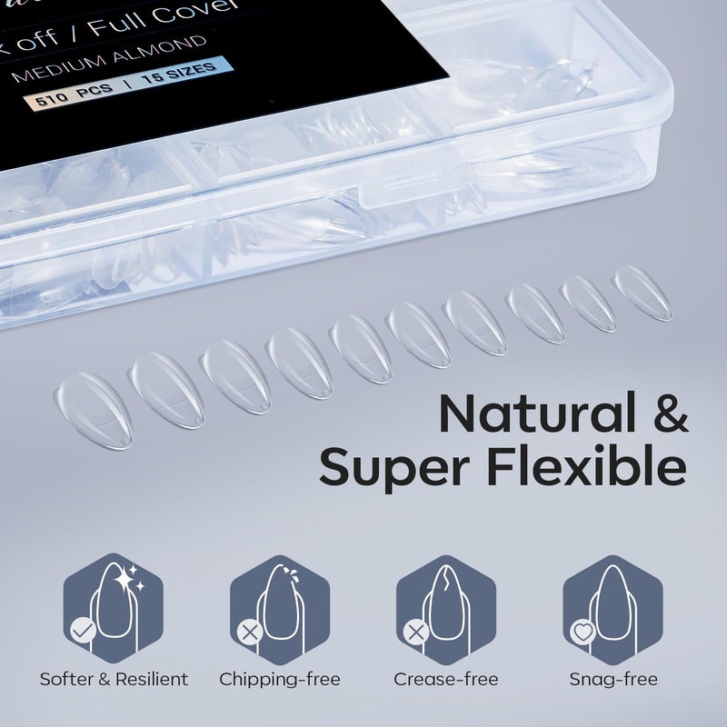 Modelones Almond Fake Nail Tips -510Pcs Medium Soft Gel Nail Tips Almond Shape Pre Etched Half Matte Full Cover Clear Acrylic Gel Kit False Press on for Extension Manicure Salon DIY at Home 15 Sizes - Image 5