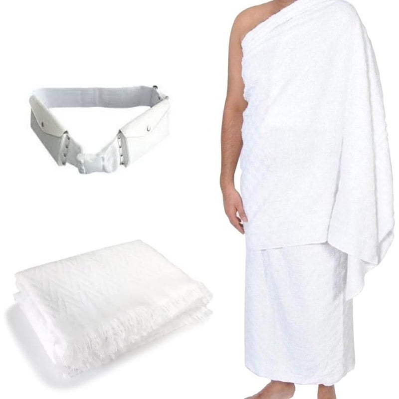 Ihram for Hajj and Umrah 2-Piece 100% Pure Cotton Towels with Belt, Lightweight and Soft, Size 110x210 cm, 1.2 kg, إحرام الحج والعمرة - Image 1