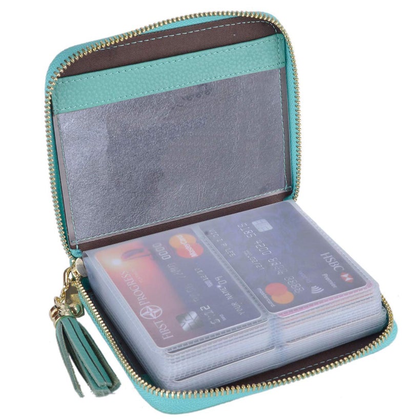 Easyoulife Womens Credit Card Holder Wallet Zip Leather Card Case RFID Blocking (Teal) - Image 1