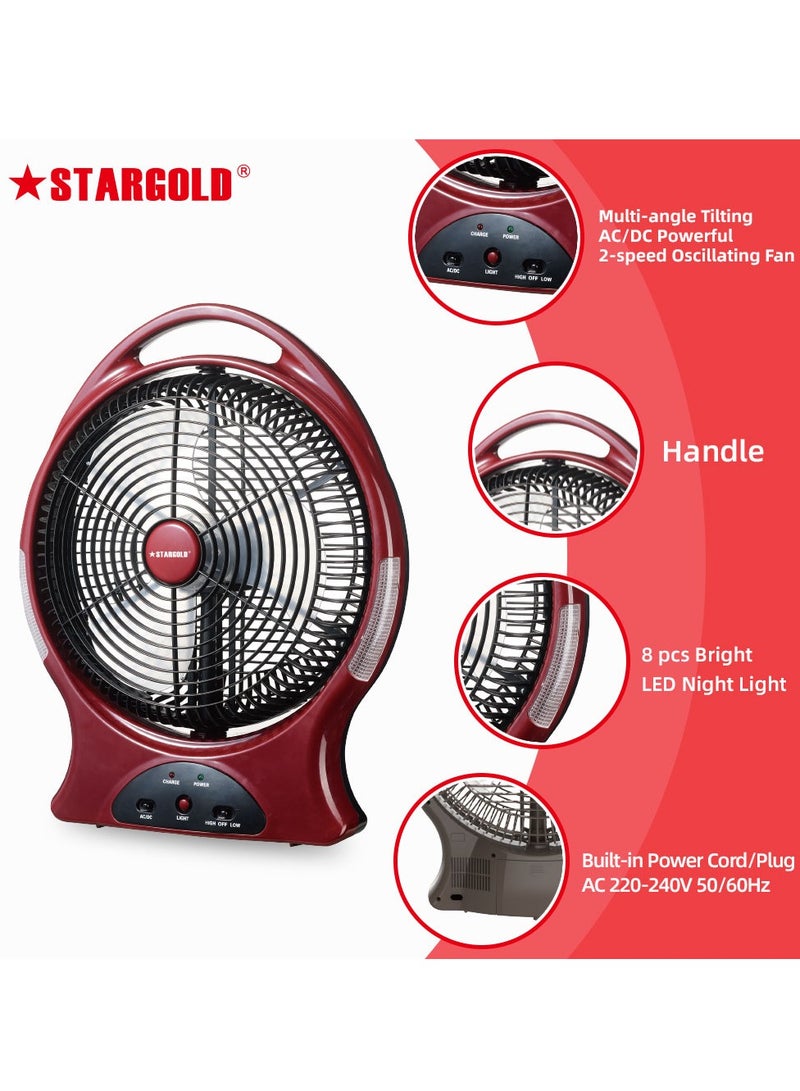ستارجولد مروحة قابلة لإعادة الشحن 12 بوصة AC / DC تتأرجح مروحة 22 وات مع 8 قطع إضاءة LED فائقة السطوع - Image 2