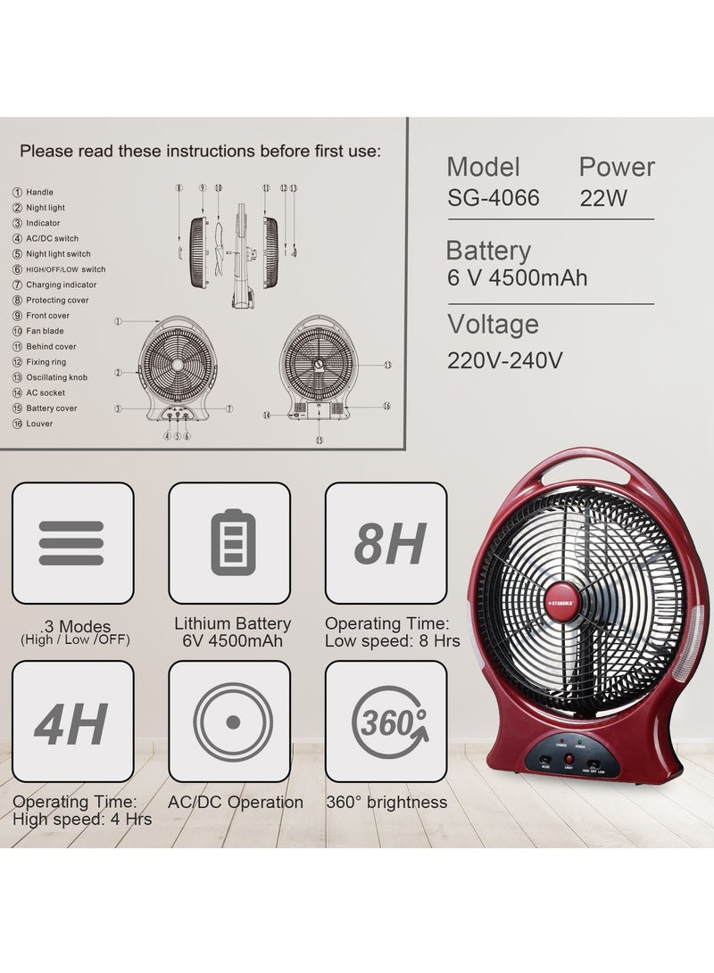 ستارجولد مروحة قابلة لإعادة الشحن 12 بوصة AC / DC تتأرجح مروحة 22 وات مع 8 قطع إضاءة LED فائقة السطوع - Image 3