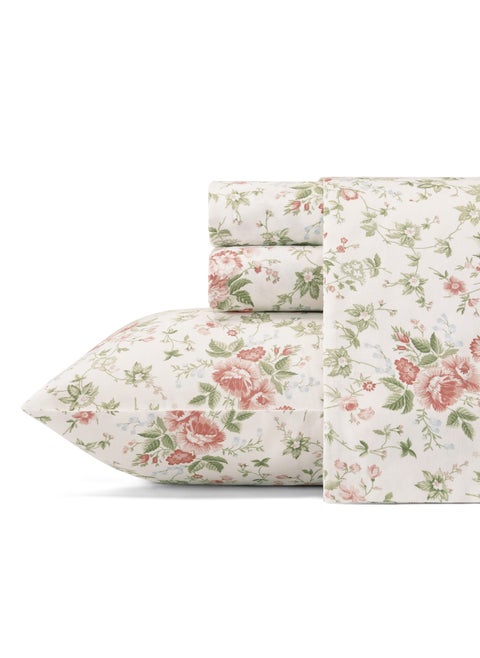 Laura Ashley Home  King Sheets Soft Sateen Cotton Bedding Set  4 pieces Sleek Smooth  Breathable Home Decor Lilian Coral King
