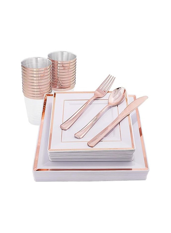 Raxoom 175 Pcs/set Black Gold Gold Rose Gold Silver Upscale Wedding Dining Party Disposable Plastic Cutlery Set, Party Supplies Square Plate, Spoon, Fork, Knife, Cup, Napkins, Cutlery (25 Guest) (Rose Gold) - Image 1