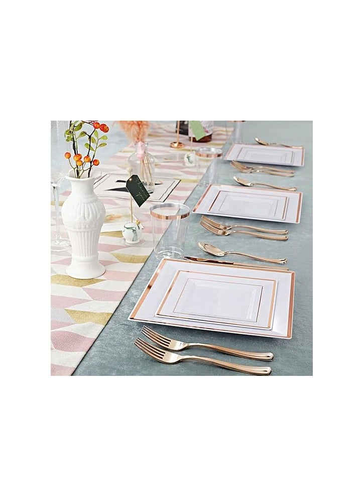 Raxoom 175 Pcs/set Black Gold Gold Rose Gold Silver Upscale Wedding Dining Party Disposable Plastic Cutlery Set, Party Supplies Square Plate, Spoon, Fork, Knife, Cup, Napkins, Cutlery (25 Guest) (Rose Gold) - Image 2