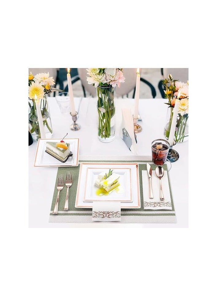 Raxoom 175 Pcs/set Black Gold Gold Rose Gold Silver Upscale Wedding Dining Party Disposable Plastic Cutlery Set, Party Supplies Square Plate, Spoon, Fork, Knife, Cup, Napkins, Cutlery (25 Guest) (Rose Gold) - Image 4