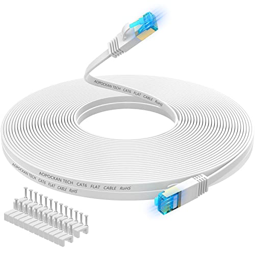 AOPOCKAN TECH Cat 6 Ethernet Cable 100 ft,Flat Internet Network LAN Patch Cords-Solid Cat6 High Speed Computer Wire with Clips-Snagless Rj45 Connectors for Modem,Router,PS4 - Faster Than Cat5/Cat5e - 100ft White - Image 1