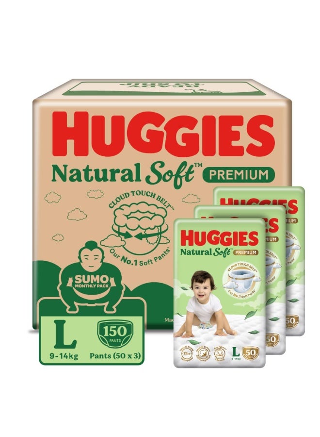 Huggies Natural Soft Premium Baby Diaper Pants, Our No.1 Soft Pants, Large (L) Size (9-14 Kgs), Sumo Pack of 50*3 diapers | Cloud Softness All over with India's 1st Cloud Touch BeltTM - Image 1