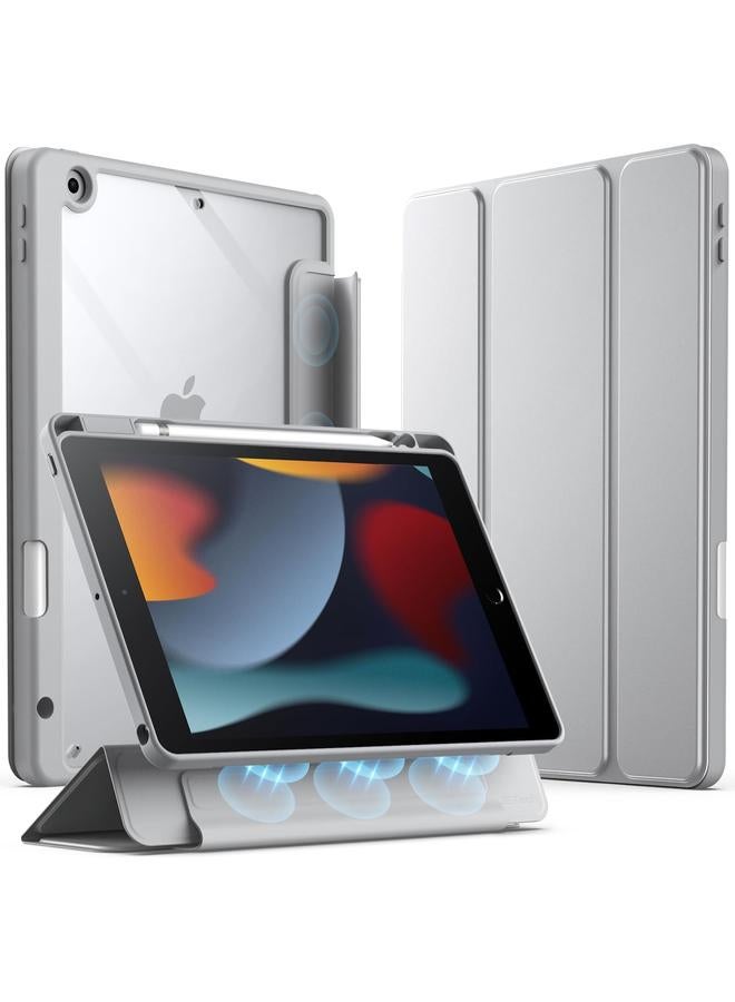 جي تيك حافظة قابلة للفصل لجهاز ايباد 9 8 7 10.2 انش 2021 2020 2019 موديل الجيل التاسع والثامن والسابع مع حامل قلم وغطاء مغناطيسي قابل للإزالة وحامل ثلاثي الطيات وظهر شفاف مع خاصية الاستيقاظ التلقائي باللون الفضي - Image 1