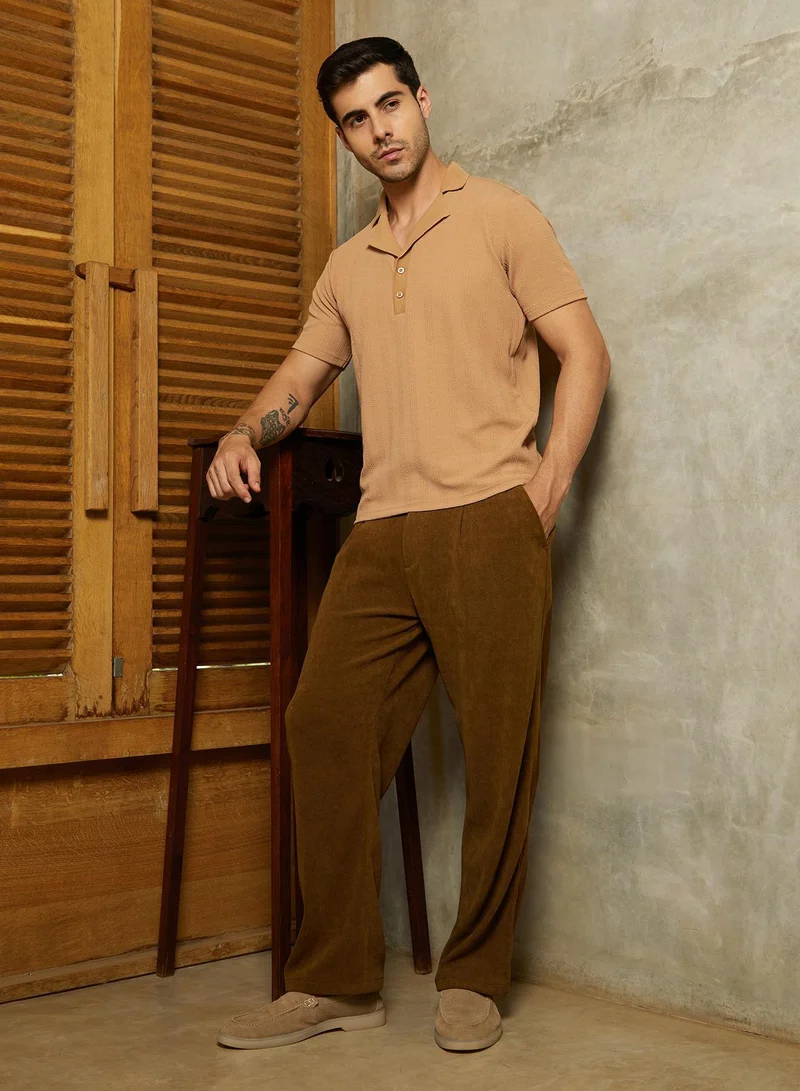 CAHOOT  Men's Peanut Brown Rope-Tactile Cuban Polo T-Shirt for Men | Best Price UAE