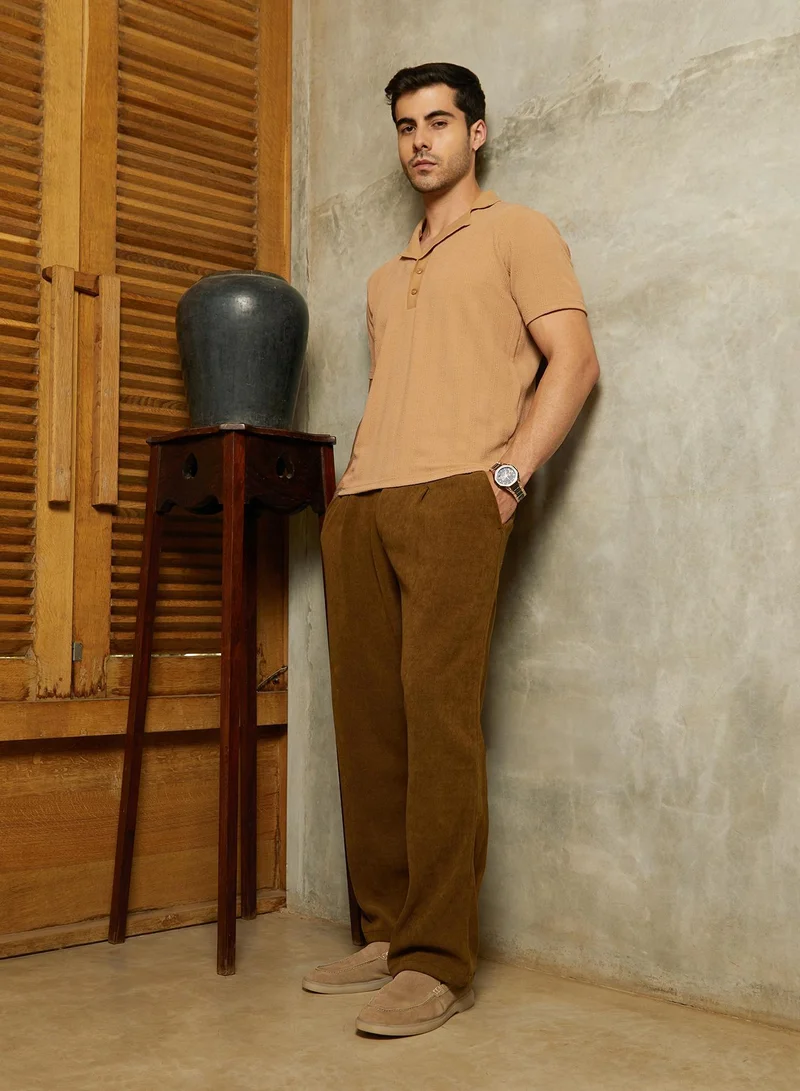CAHOOT  Men's Peanut Brown Rope-Tactile Cuban Polo T-Shirt for Men | Best Price UAE