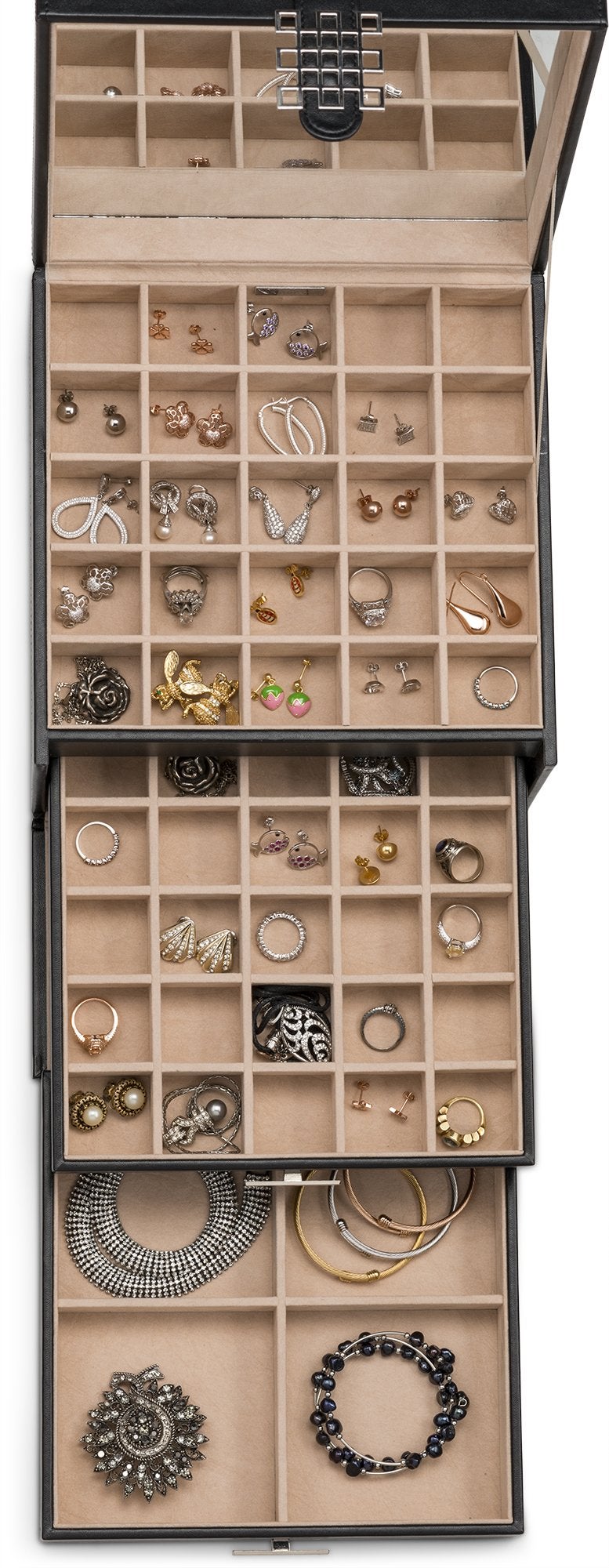 Glenor Co Earring Organizer Holder - 75 Small & 4 Large Slots Classic Jewelry Box with Drawer & Modern Closure, Mirror, 4 Trays Earrings, Ring or Chain Storage - PU Leather Case - Black - Image 4