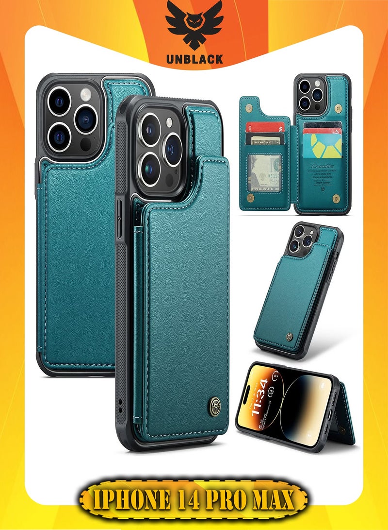 CaseMe Wallet Case for Apple iPhone 14 Pro Max, Premium Handmade Durable PU Leather Slim Shockproof Case with [Double Magnetic Clasp] [Card Holder] [Kickstand] [RFID Blocking] (Green) - Image 1