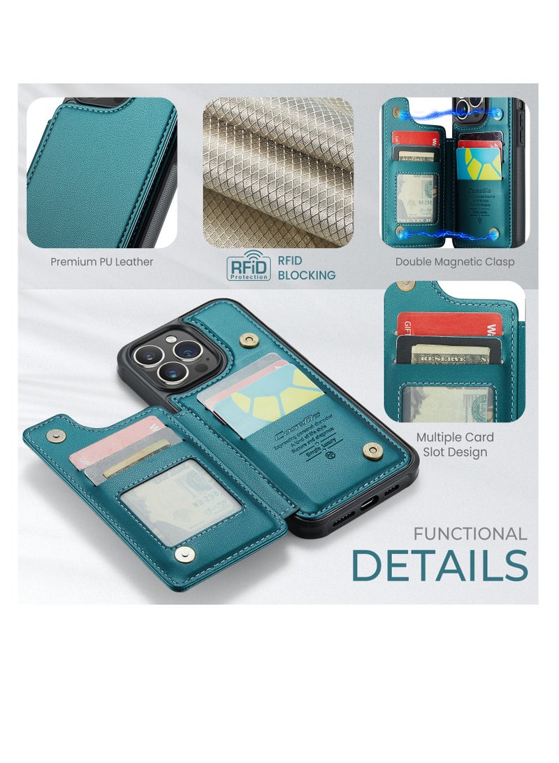 CaseMe Wallet Case for Apple iPhone 14 Pro Max, Premium Handmade Durable PU Leather Slim Shockproof Case with [Double Magnetic Clasp] [Card Holder] [Kickstand] [RFID Blocking] (Green) - Image 4