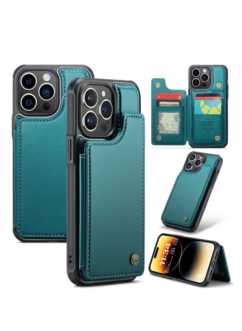 CaseMe Wallet Case for Apple iPhone 14 Pro Max, Premium Handmade Durable PU Leather Slim Shockproof Case with [Double Magnetic Clasp] [Card Holder] [Kickstand] [RFID Blocking] (Green) - Image 2