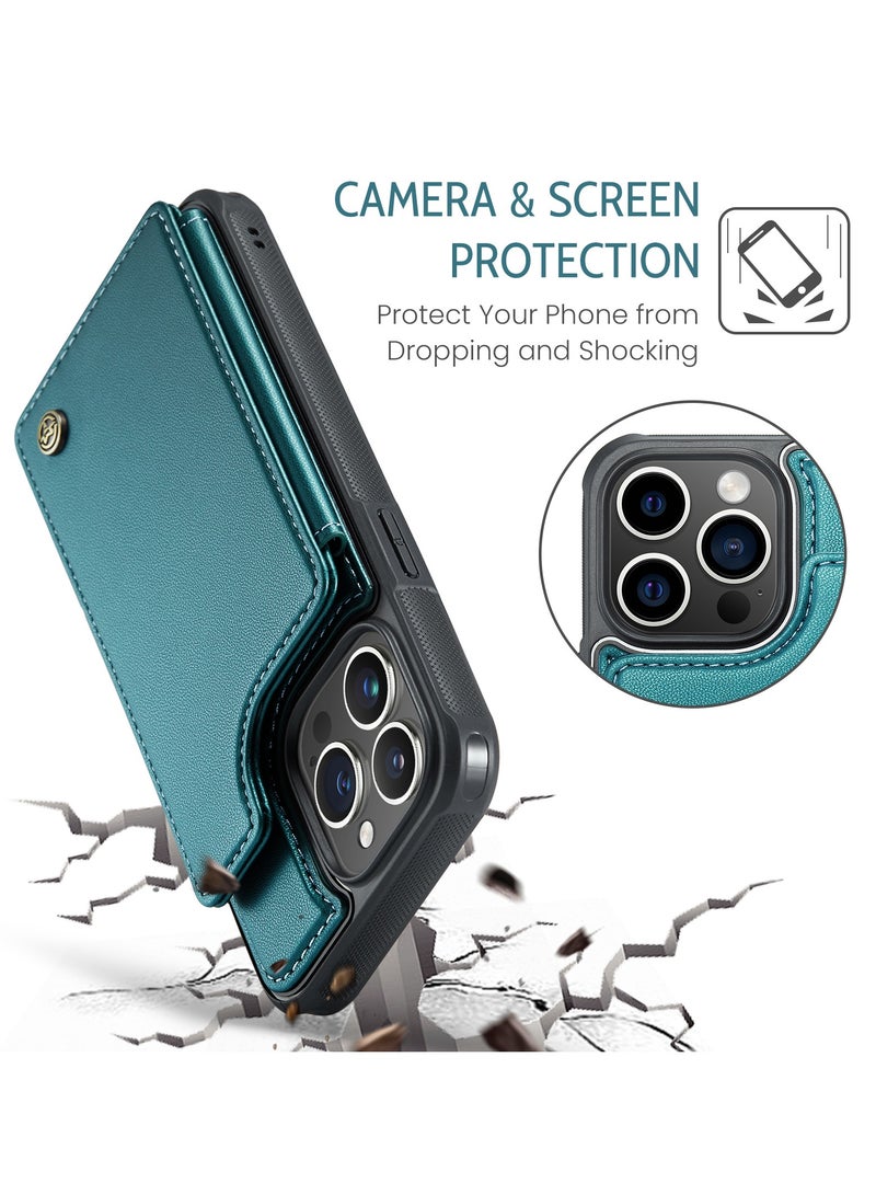 CaseMe Wallet Case for Apple iPhone 14 Pro Max, Premium Handmade Durable PU Leather Slim Shockproof Case with [Double Magnetic Clasp] [Card Holder] [Kickstand] [RFID Blocking] (Green) - Image 5