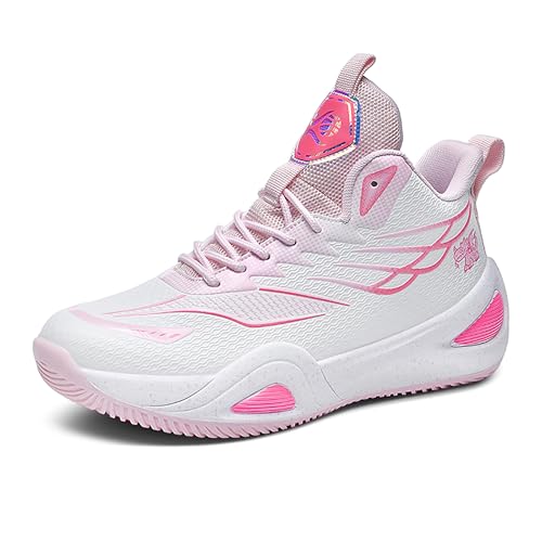 BEMYGREENBAG Men Women Basketball Shoes Shock Absorbent Wear Resistant Sports Shoes Fashion Light Running Shoes White-Pink Size 6.5 - Image 1