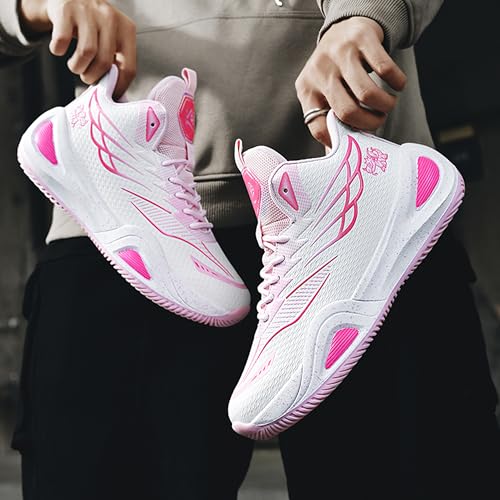 BEMYGREENBAG Men Women Basketball Shoes Shock Absorbent Wear Resistant Sports Shoes Fashion Light Running Shoes White-Pink Size 6.5 - Image 3