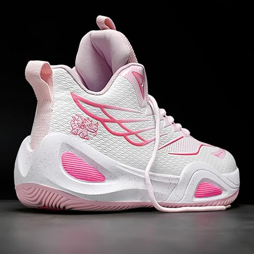 BEMYGREENBAG Men Women Basketball Shoes Shock Absorbent Wear Resistant Sports Shoes Fashion Light Running Shoes White-Pink Size 6.5 - Image 4
