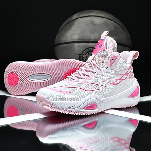 BEMYGREENBAG Men Women Basketball Shoes Shock Absorbent Wear Resistant Sports Shoes Fashion Light Running Shoes White-Pink Size 6.5 - Image 5