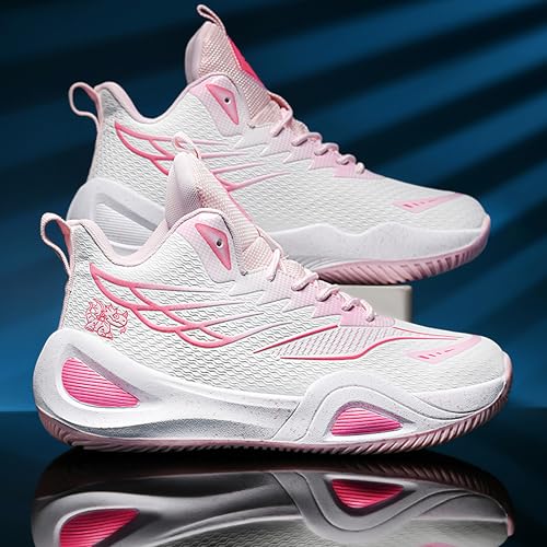 BEMYGREENBAG Men Women Basketball Shoes Shock Absorbent Wear Resistant Sports Shoes Fashion Light Running Shoes White-Pink Size 6.5 - Image 2