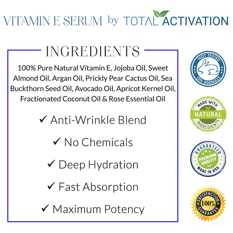 Total Activation Vitamin E Face Serum â€“ Organic Vitamin E Oil 100% Pure, Cold Pressed for Skin, Face, Hair & Nails â€“ Moisturizer for Dry Skin, Scars & Anti-Aging â€“ for Glowing Skin â€“ 4 oz - Image 4
