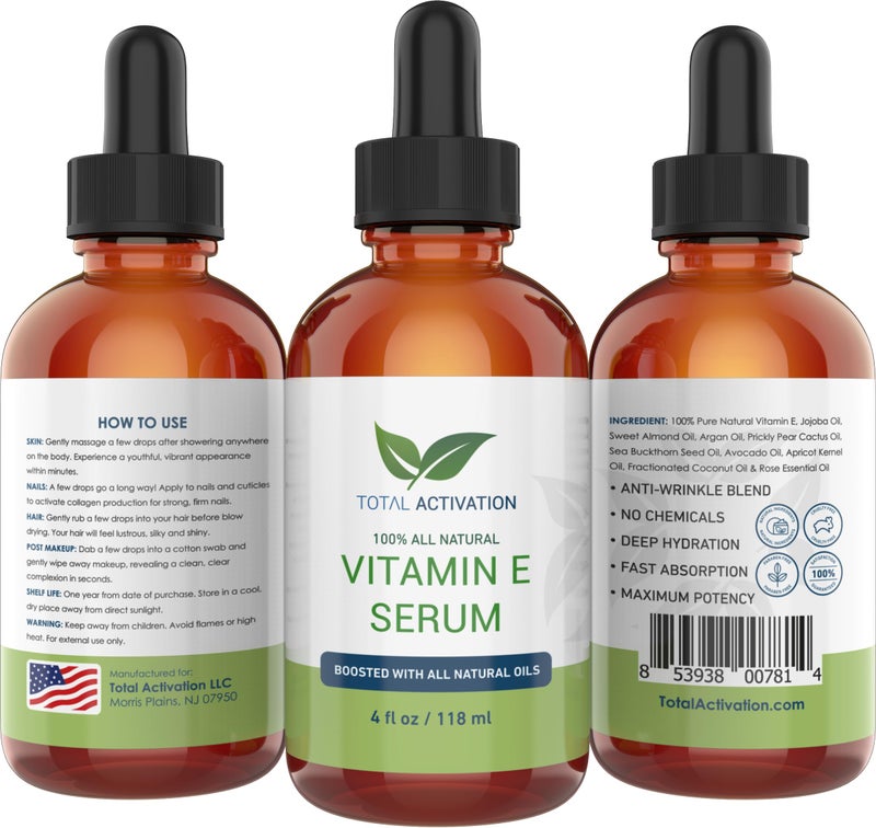 Total Activation Vitamin E Face Serum â€“ Organic Vitamin E Oil 100% Pure, Cold Pressed for Skin, Face, Hair & Nails â€“ Moisturizer for Dry Skin, Scars & Anti-Aging â€“ for Glowing Skin â€“ 4 oz - Image 2