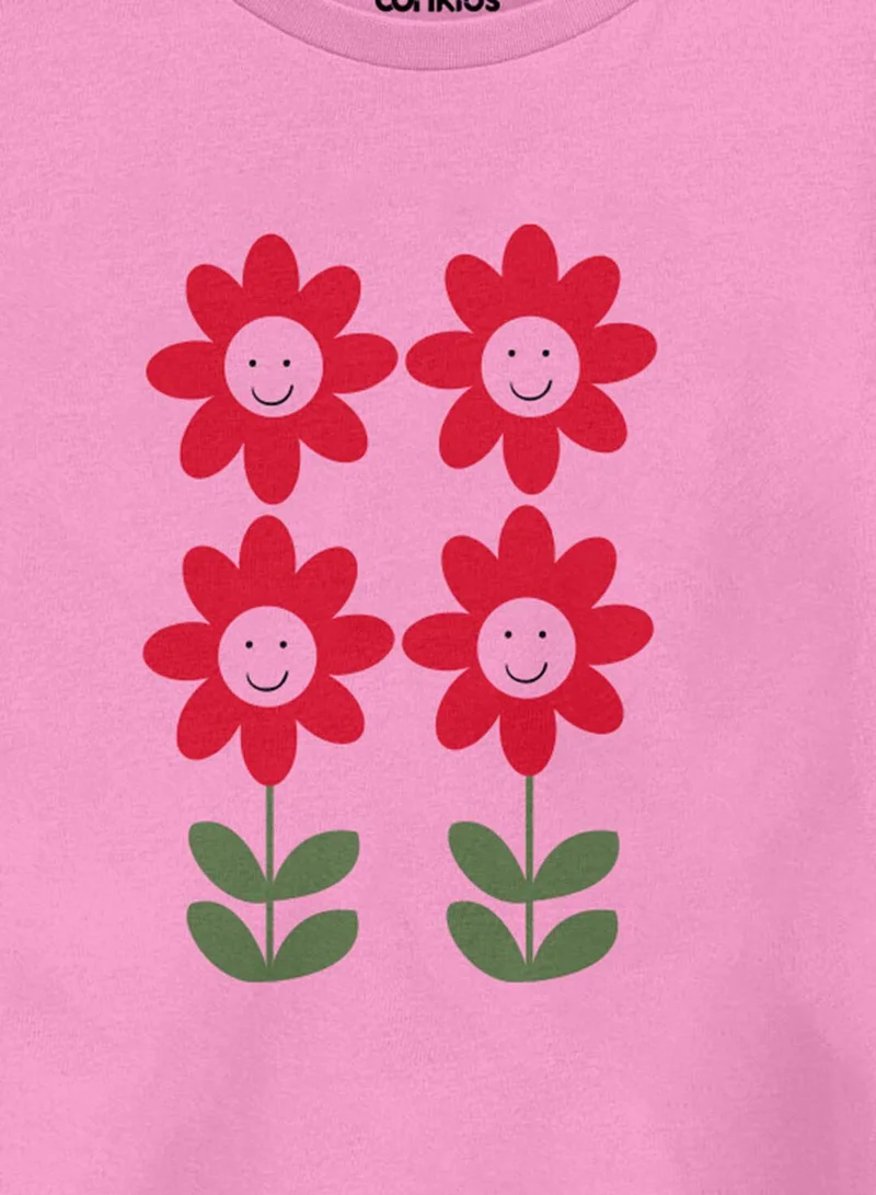Bonkids Regular Fit Printed Pink Cotton T-Shirt For Girls Round Neck Flat Collar Pull On 100 % Cotton