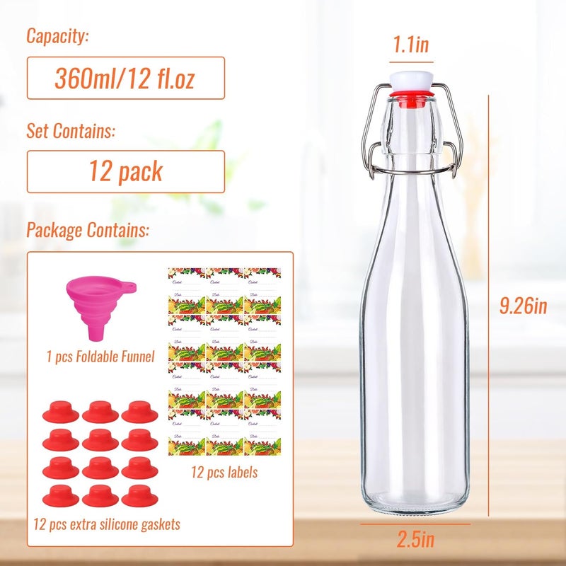 SZUAH 12 oz Swing Top Glass Bottles 12Pack, Reusable Flip Top Glass Bottle for Kombucha, Home Brewing, Beer, Beverage Storage(360ml, Set of 12) - Image 2