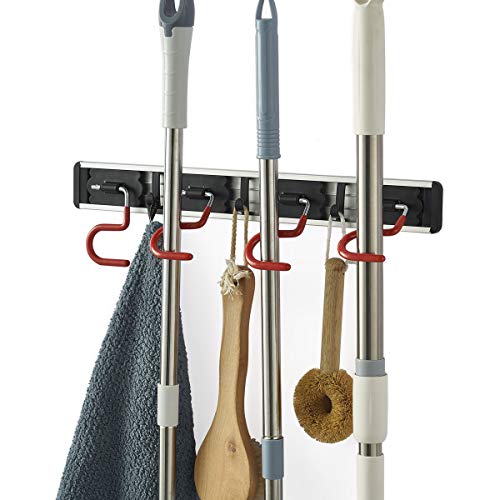 MOYODOR Wall Mounted Mop and Broom Holder Stainless Steel S Type Broom Rack Anti-Slip Mop Organizer (17 Inches,4 Positions 3 Hooks, Red black) (17inch) - Image 1