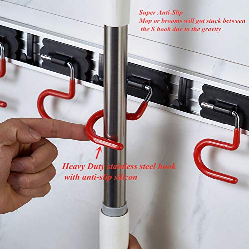MOYODOR Wall Mounted Mop and Broom Holder Stainless Steel S Type Broom Rack Anti-Slip Mop Organizer (17 Inches,4 Positions 3 Hooks, Red black) (17inch) - Image 3