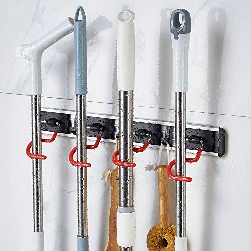 MOYODOR Wall Mounted Mop and Broom Holder Stainless Steel S Type Broom Rack Anti-Slip Mop Organizer (17 Inches,4 Positions 3 Hooks, Red black) (17inch) - Image 5