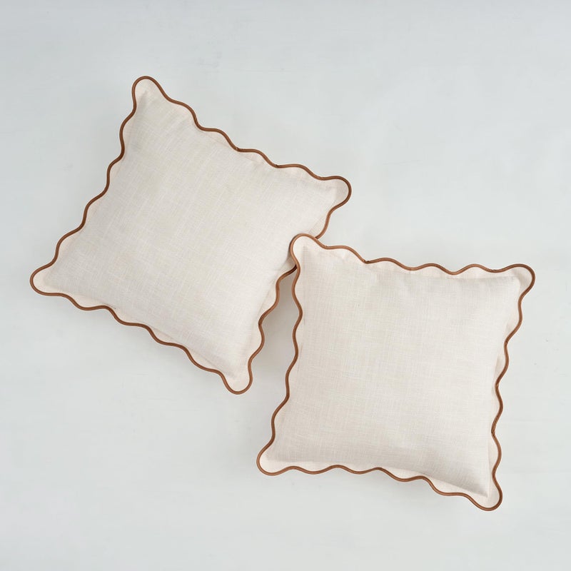 Mayler Yee Scalloped Throw Pillow Covers Set of 2 for Living Room  Soft Cotton & Cozy Linen  Boho Sytle Decorative Home (Beige & Khaki  18x18 Inch) - Image 1