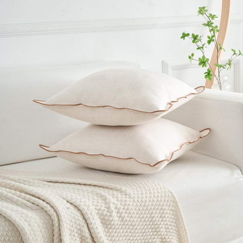 Mayler Yee Scalloped Throw Pillow Covers Set of 2 for Living Room  Soft Cotton & Cozy Linen  Boho Sytle Decorative Home (Beige & Khaki  18x18 Inch) - Image 2