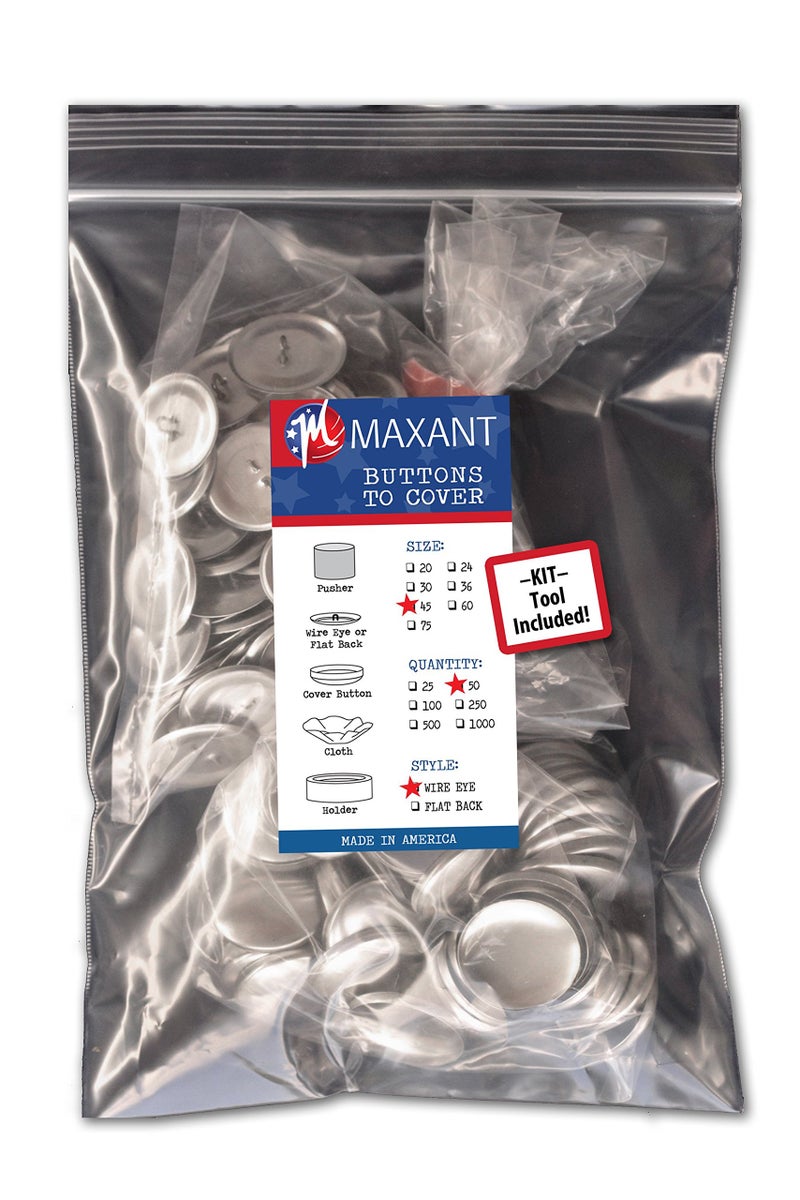 50 Buttons to Cover  Made in USA  Self Cover Buttons with Wire Eyes  Size 45 with Tool