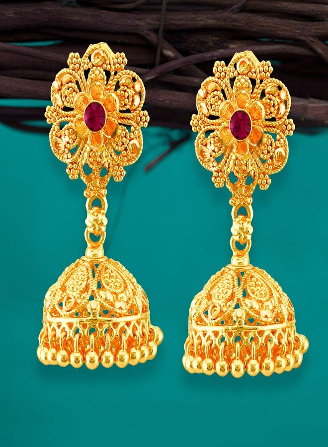 MEENAZ Traditional Temple Jewellery 18k One Gram Gold Ethnic Copper Brass Metal Handcrafted South Indian Meenakari Screw Back Studs Jhumkas Jhumka Earrings Set For Women girls Latest -GOLD JHUMKI-M109 - Image 4