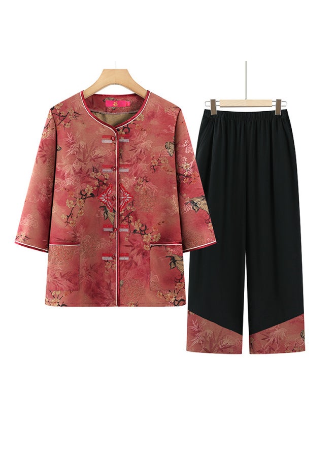 Summer Cardigan Set For Middle-aged And Elderly Women, Grandma's Summer Outfit, Three-quarter Sleeve Shirt, Stylish Two-piece Set For 70-80 Year Old Moms
