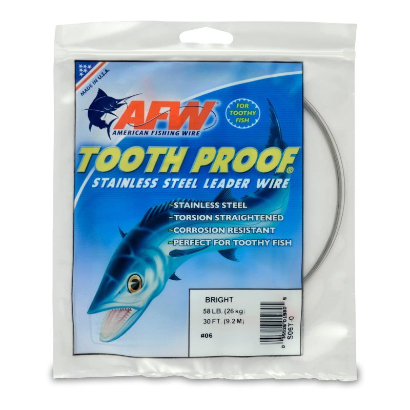 AFW #6 Tooth Proof Stainless Steel Single Strand Leader Wire, 58 lb Test, Bright, 30 ft - Image 1