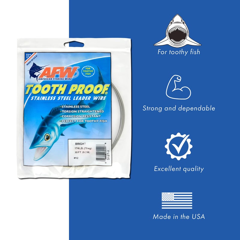 AFW #6 Tooth Proof Stainless Steel Single Strand Leader Wire, 58 lb Test, Bright, 30 ft - Image 2