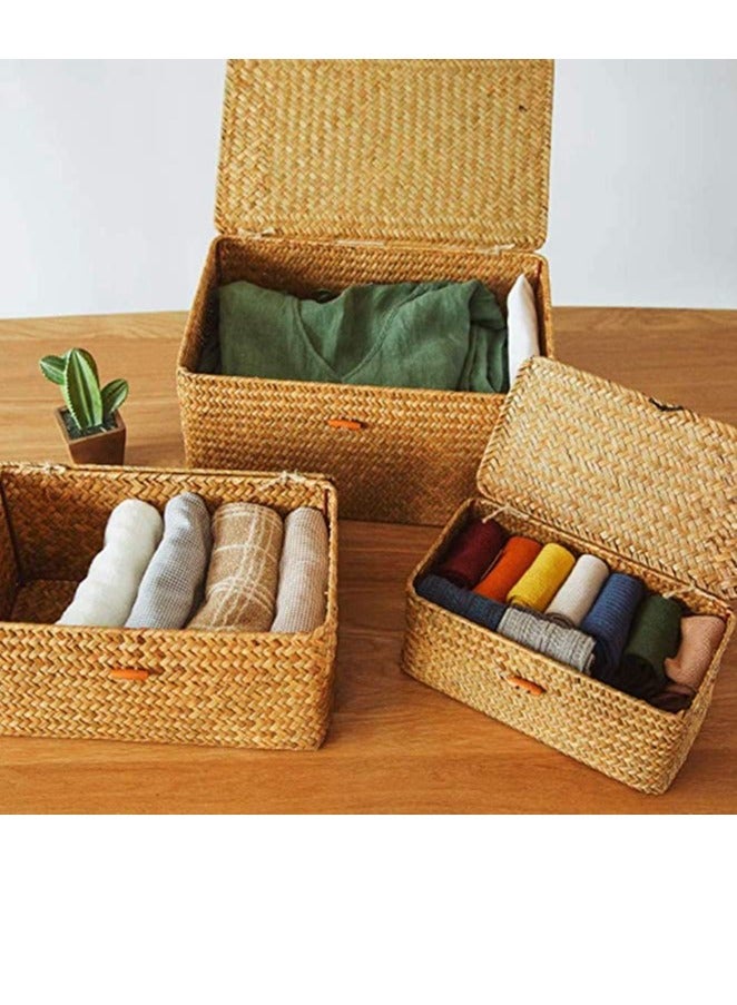 FFD Woven Basket Wicker Storage Basket with Lids Sea grass Laundry Rattan Organizer Box for Bathroom Living Room - Image 3