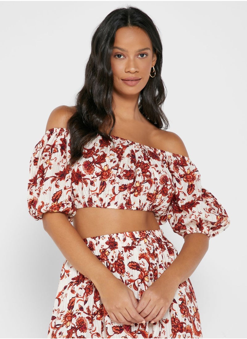 MANGO - Floral Print Off Shoulder Top - Image 1