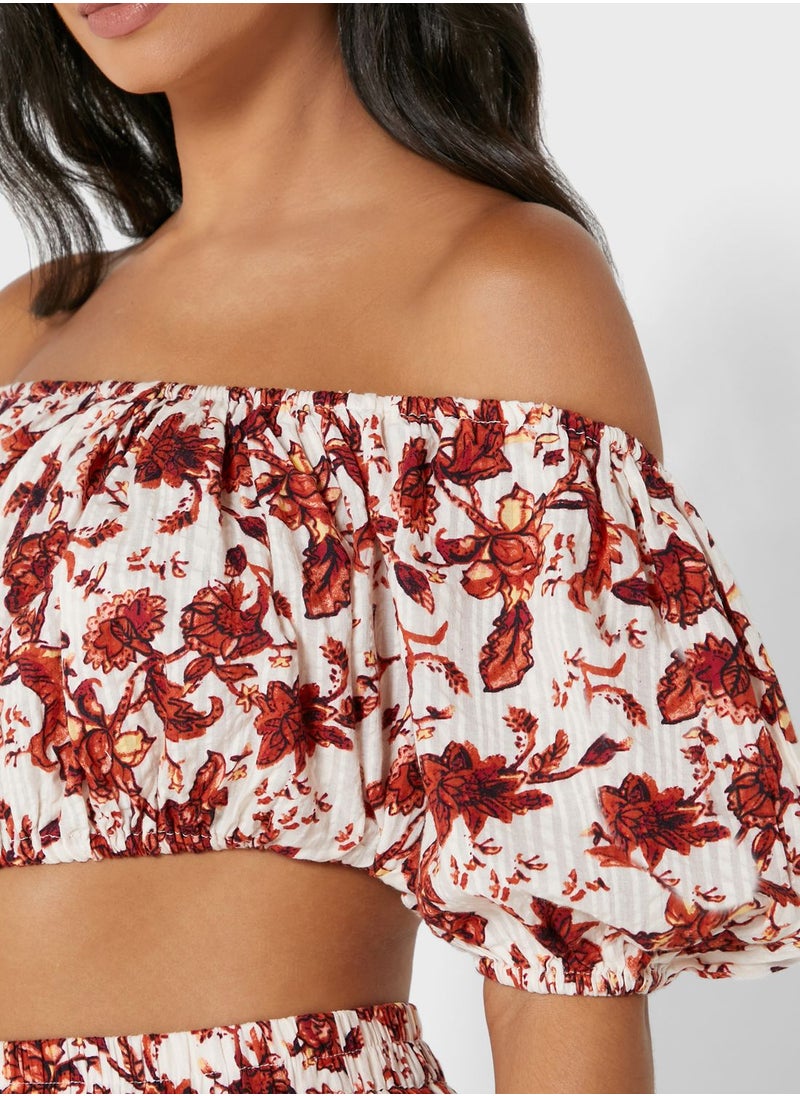 MANGO - Floral Print Off Shoulder Top - Image 1