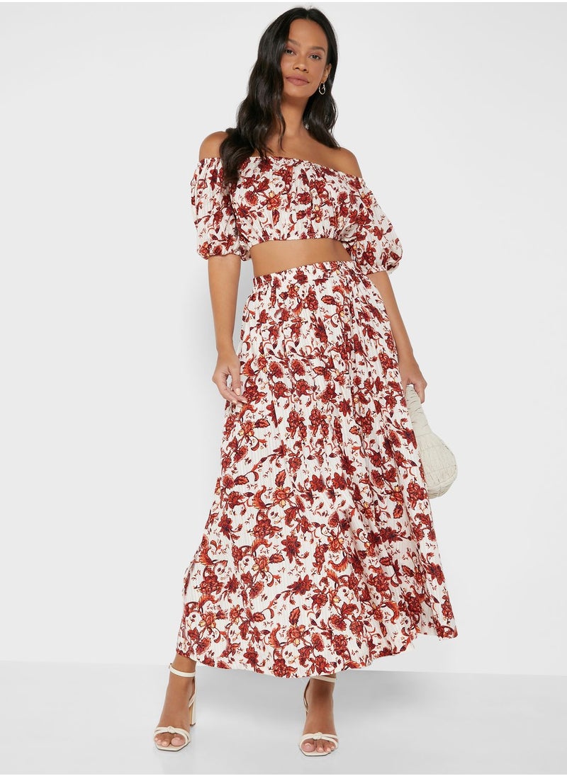 MANGO - Floral Print Off Shoulder Top - Image 1