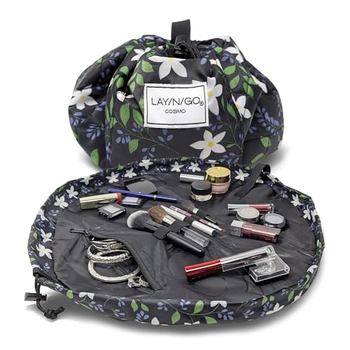Lay-n-Go Cosmo Drawstring Cosmetic & Makeup Bag Organizer - Portable Drawstring Makeup Bag w/Zipper Pocket, Makeup Loops & More - Durable, Machine Washable Toiletry Bag (20", Floral Large) - Image 1