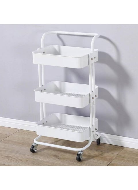 3-Tier Rolling Utility Carts Trolley Storage Cart with Handle Multifunctional Organization Cart with Brake Caster Wheels Kitchen Shelf Multifunctional Storage Rack with Net Basket Mass (White).